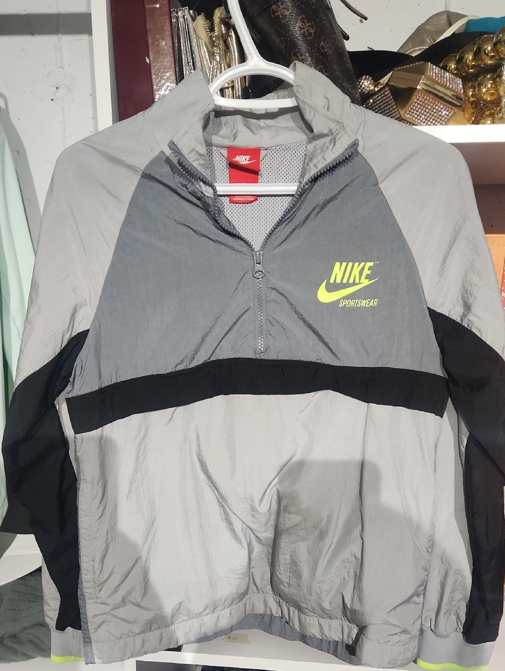 Nike Women's Gray and Black Windbreaker Jacket with Neon Yellow Logo